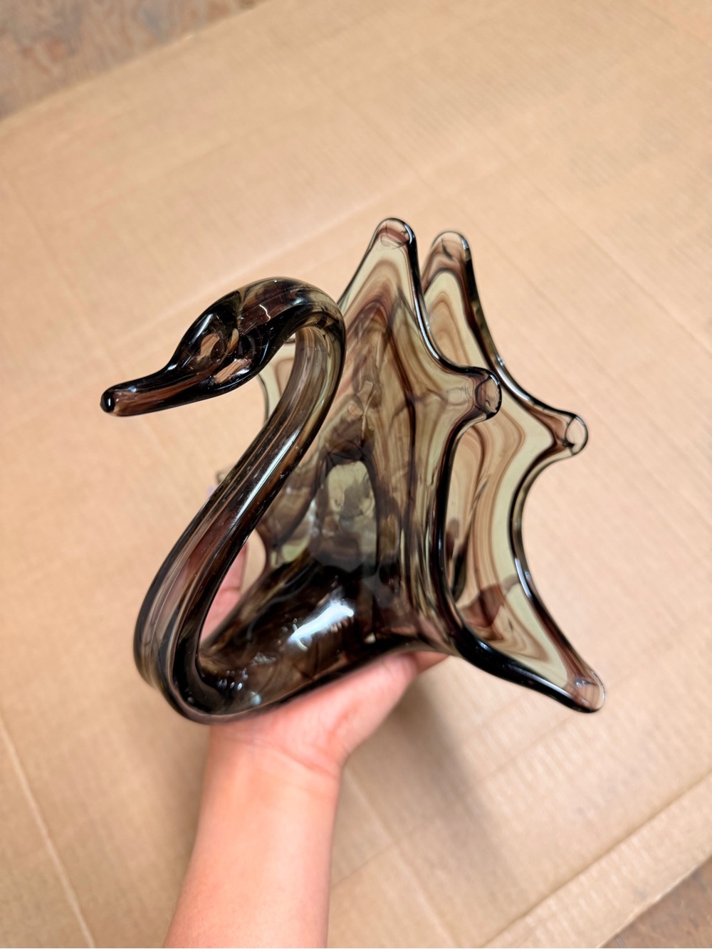 Smoky Gray Glass Swan Sculpture Napkin Holder- Decorative Home Accent